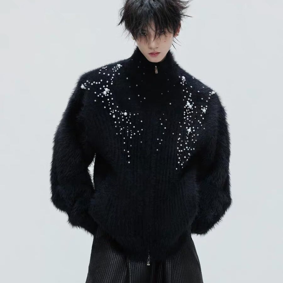 Embellish Knit - Cardigan à col haut en peluche